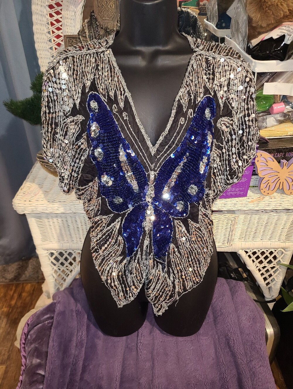 Blue Silver Sequins Butterfly Vintage Top